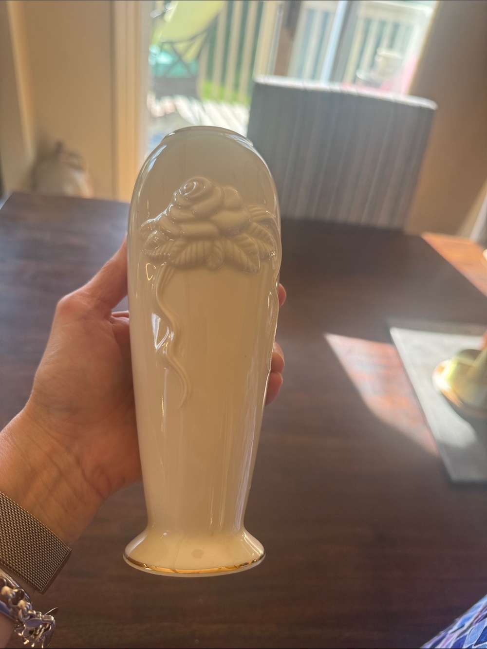 Lenox Cream Ceramic Bud Vase with Raised Rose Motif
